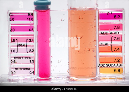 Piscina kit di prova con e senza sostanze chimiche tagliato fuori di fronte a uno sfondo bianco orizzontale DI BDB Foto Stock