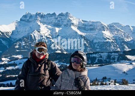 Dents du Midi, Marie, Morgins, ragazza, Portes du Soleil, Svizzera Vallese, inverno, Montagne, sci Foto Stock