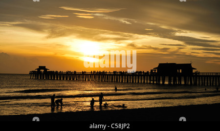 Sunset, Napoli Molo, Golfo del Messico, Naples, Florida, Stati Uniti d'America, Stati Uniti, America, pier, mare, acqua Foto Stock