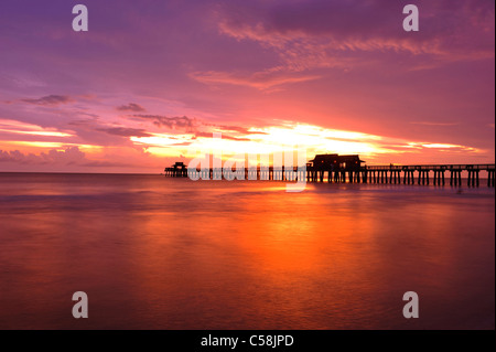 Sunset, Napoli Molo, Golfo del Messico, Naples, Florida, Stati Uniti d'America, Stati Uniti, America, pier, mare, acqua Foto Stock