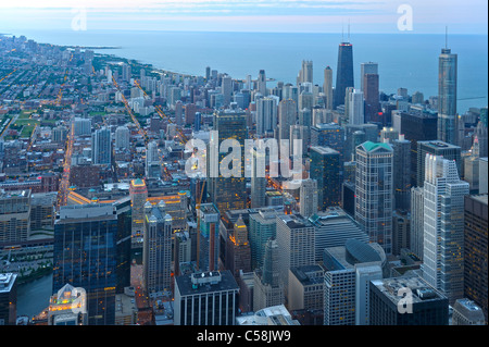 Chicago, dal di sopra, da Willis Tower, Chicago, Illinois, Stati Uniti d'America, Stati Uniti, America, edifici, il lago Michigan, Foto Stock