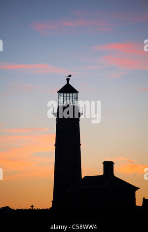 Il vecchio faro di luce con sdraio in vedetta alla sommità e cottage stagliano in al tramonto di sera su Lundy Island, Devon Regno Unito nel mese di marzo Foto Stock