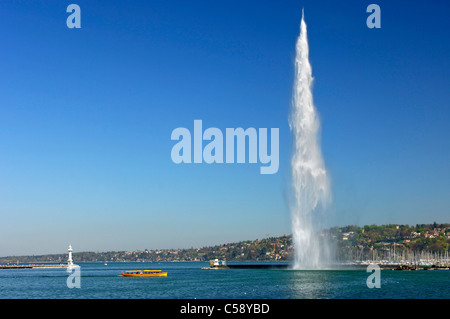 Un giallo ferry boat è passante il gigante fontana Jet d'Eau presso il porto di Rade bassin, sul Lago di Ginevra, Ginevra, Svizzera Foto Stock