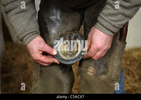 Un fabbro di regolazione di un ferro di cavallo Foto Stock