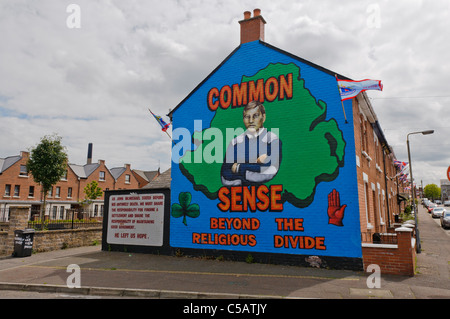 Murale di Belfast " senso comune, oltre le divisioni religiose' con John McMichael Foto Stock