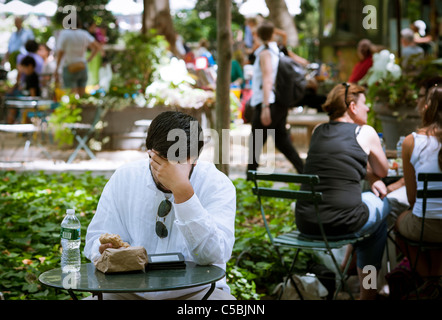 Un lettore utilizza il suo Amazon Kindle ereader in Bryant Park di New York il Mercoledì, 13 luglio 2011. (© Richard B. Levine) Foto Stock