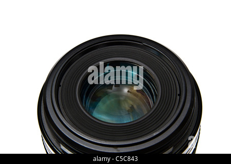 Vista ravvicinata dell'obiettivo della fotocamera con riflessi sul vetro Foto Stock