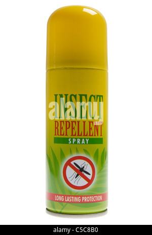 Bomboletta ad aerosol di repellente per insetti spray su sfondo bianco Foto Stock