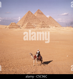 Driver del cammello Fadlallah davanti alle Piramidi di Giza Plateau, Egitto, Nord Africa Foto Stock