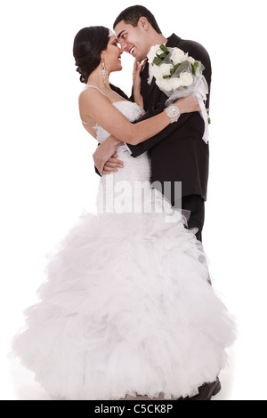 Primo ballo sposa e lo sposo su sfondo bianco Foto Stock