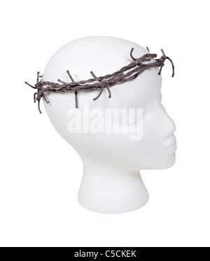 Modello indossa una corona di spine fatta di filo spinato affilato wired - percorso incluso Foto Stock