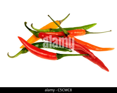 Selezione di Rosso Giallo e verde piccante Peperoncini piccanti di cottura Ingredienti isolati contro uno sfondo bianco con n. di persone pronte a cucinare Foto Stock