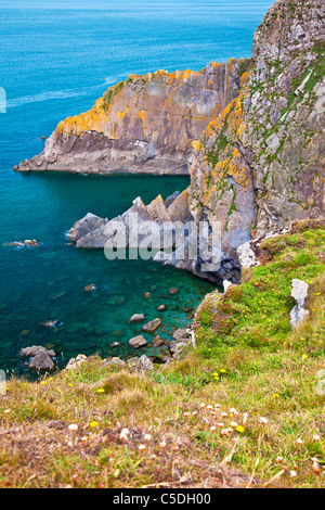 Coste rocciose e scogliere a punto larghi di un promontorio vicino Croyde, North Devon, Inghilterra, Regno Unito Foto Stock