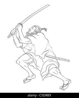 Illustrazione di un guerriero Samurai con spada katana in atteggiamento di combattimento fatto in stile cartoon in bianco e nero su sfondo isolato Foto Stock