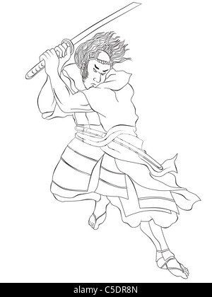 Illustrazione di un guerriero Samurai con spada katana in atteggiamento di combattimento fatto in stile cartoon in bianco e nero su sfondo isolato Foto Stock
