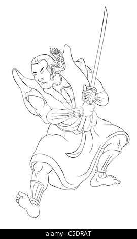 Illustrazione di un guerriero Samurai con spada katana in atteggiamento di combattimento fatto in stile cartoon in bianco e nero su sfondo isolato Foto Stock