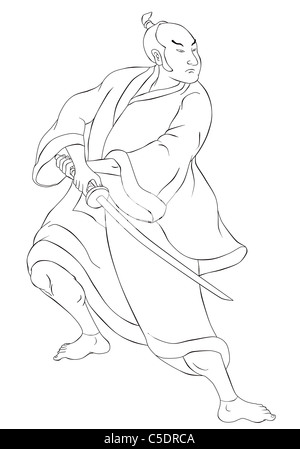 Illustrazione di un guerriero Samurai con spada katana in atteggiamento di combattimento fatto in stile cartoon in bianco e nero su sfondo isolato Foto Stock