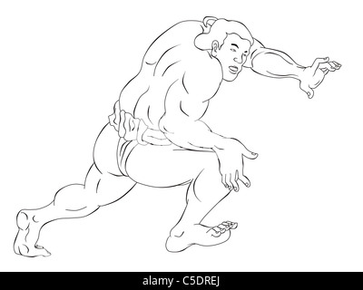 Illustrazione di un giapponese lottatore di sumo fatto in bianco e nero in stile cartoon su isolati su sfondo bianco Foto Stock