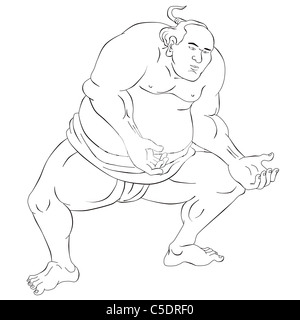 Illustrazione di un giapponese lottatore di sumo fatto in bianco e nero in stile cartoon su isolati su sfondo bianco Foto Stock