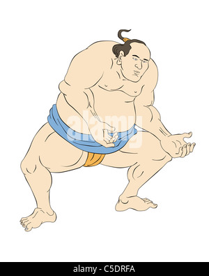 Illustrazione di un giapponese lottatore di sumo fatto in stile cartoon su isolati su sfondo bianco Foto Stock