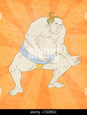 Illustrazione di un giapponese lottatore di sumo fatto in stile cartoon con sunburst in background Foto Stock