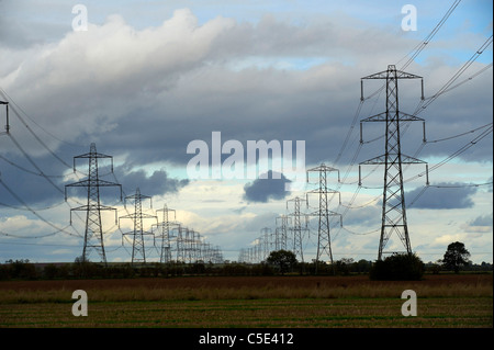 Le linee di alimentazione in Trent Valley, a nord di West Stockwith, Nottinghamshire, nell Inghilterra del Nord Foto Stock