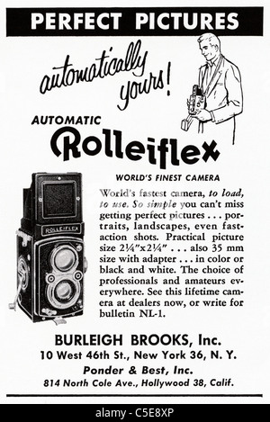 Originale degli anni cinquanta un annuncio nella rivista americana pubblicità ROLLEIFLEX medio formato telecamere film Foto Stock