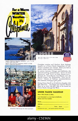 Originale degli anni cinquanta un annuncio nella rivista americana pubblicità turismo in California da UNION PACIFIC RAILROAD Foto Stock