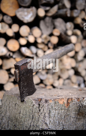 Un vecchio ax di riposo in un ceppo UK Foto Stock