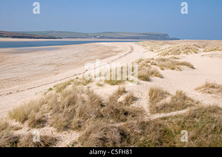 Ampia distesa di spiaggia di sabbia sotto le dune sul lato est del cammello estuario vicino al Rock, North Cornwall Foto Stock