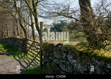 Un paesaggio colpo di gated bridleway pubblica in un antico muro di pietra. Foto Stock