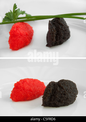 Caviale nero e rosso decorato in piatto Foto Stock