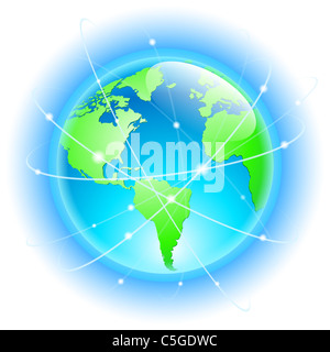 Globo con wired in orbita di satellite. Illustrazione su bianco Foto Stock