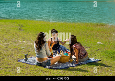 Ragazze godendo di un classico picnic in un panoramico Foto Stock