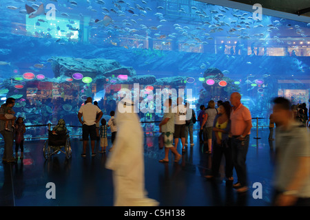 Le persone di fronte all'acquario all'interno del centro commerciale di Dubai Foto Stock