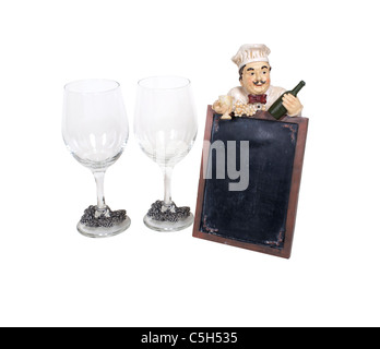 Menu Cena segno con spazio per testo e due bicchieri di vino con decorazioni di uva per gli steli - percorso incluso Foto Stock