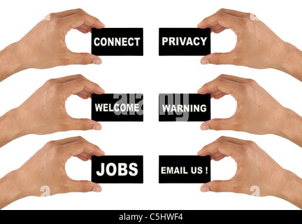Nero business card in mano su sfondo bianco con testo: posti di lavoro, benvenuto, collegare, privacy, avviso email us Foto Stock