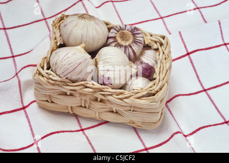 Ein Körbchen mit Knoblauchknollen | un piccolo cestino di aglio Foto Stock