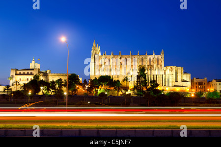 Cattedrale di Maiorca in Palma de Mallorca auto di notte le luci a isole baleari Foto Stock