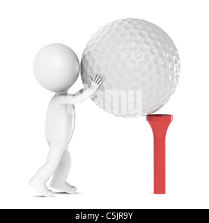 3D poco carattere umano ponendo una pallina da golf su un Tee rosso Foto Stock