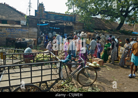 India, nello Stato del Tamil Nadu, Madurai, 2005. Tre ruote di bicicletta di trasporto su un mercato a Madurai. Foto Stock