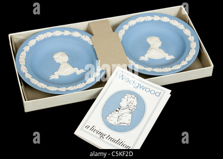 Coppia di Wedgwood Jasperware blu piastre per commemorare il matrimonio del principe Charles e Lady Diana Spencer (29 luglio 1981) Foto Stock