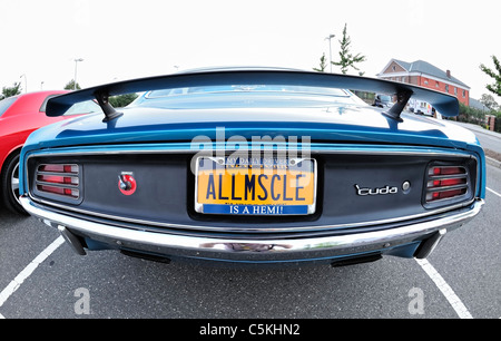 Plymouth Baracuda Muscle Car, posteriore con 'ALLMSCLE' (tutti i muscoli) vanity piastra di licenza a Classic Car soddisfare NY 2011 (Vista fisheye) Foto Stock