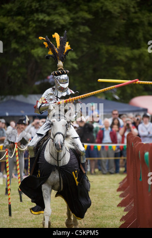 Cavaliere in armatura al galoppo sul cavallo bianco in un torneo di giostre, Upper Hutt, Nuova Zelanda Foto Stock