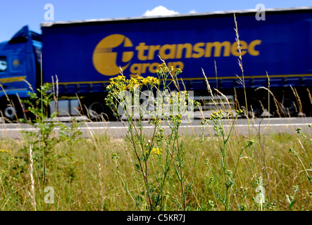 M40 Autostrada orlo con camion passando, Warwickshire, Regno Unito Foto Stock