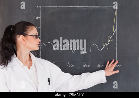 Donna scienziato che mostra un grafico sulla lavagna Foto Stock