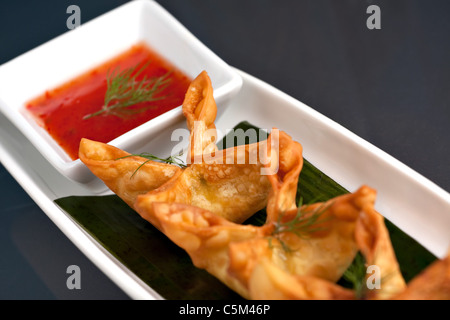 Fritti granchio tailandese di crema di formaggio i wonton o antipasto rangoons presentato su un piatto di portata con fantasia e carota herb guarnire. Foto Stock