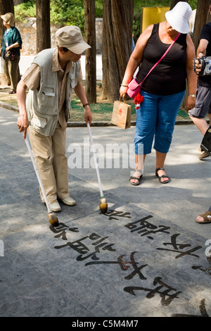 Busker che espone l'arte della calligrafia con scrittura d'acqua di caratteri cinesi con 'pennelli dell'inchiostro' ai turisti al Palazzo d'Estate a Pechino, Cina. (61) Foto Stock