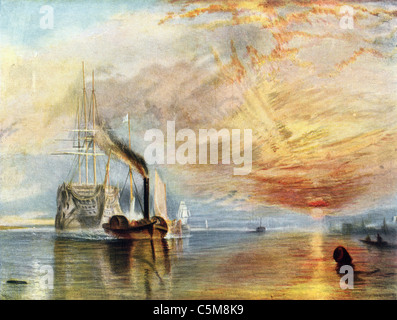 Dipinto di J M W Turner; "Fighting Temeraire' strappo al suo ultimo posto di ormeggio per essere spezzato"; Scuola di inglese; Olio su tela Foto Stock