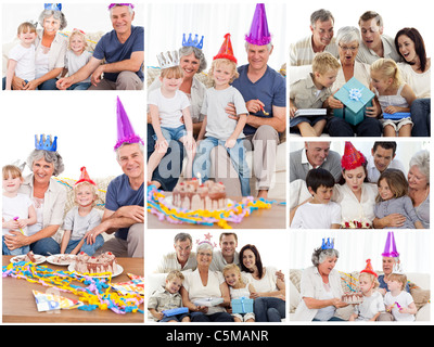Collage di famiglie godendo momenti di celebrazione insieme a casa Foto Stock